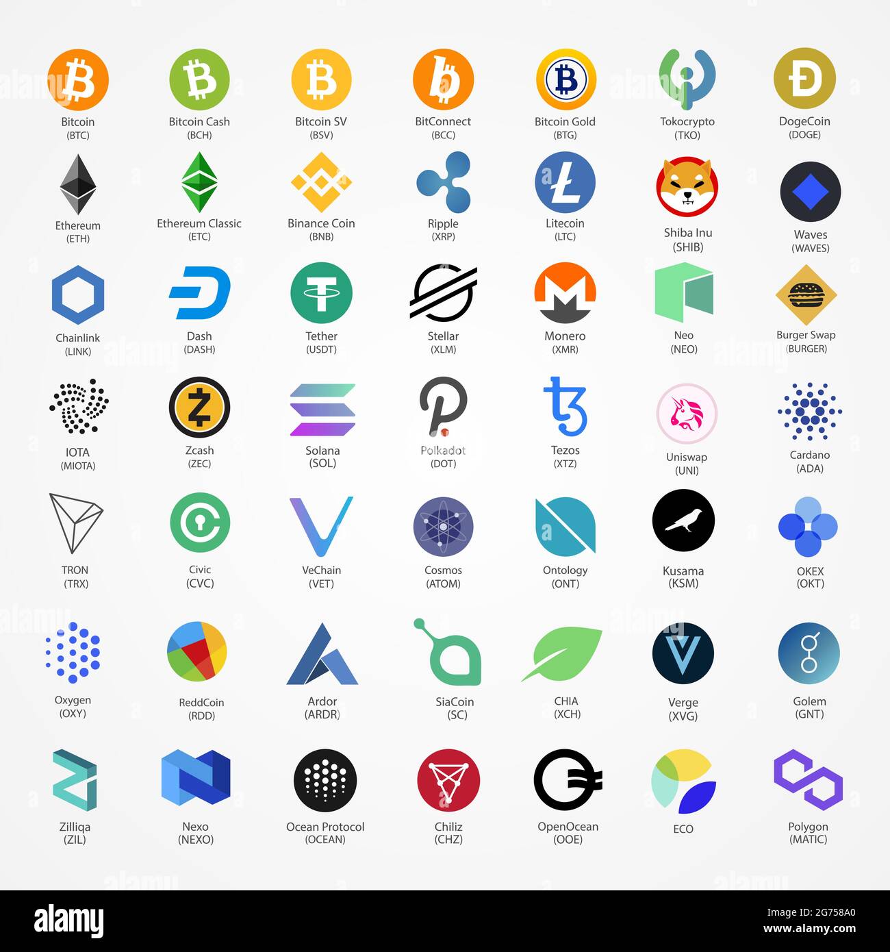 Kryptowährung Vektor Münzen Symbole isoliert auf weißem Hintergrund. Stock Vektor