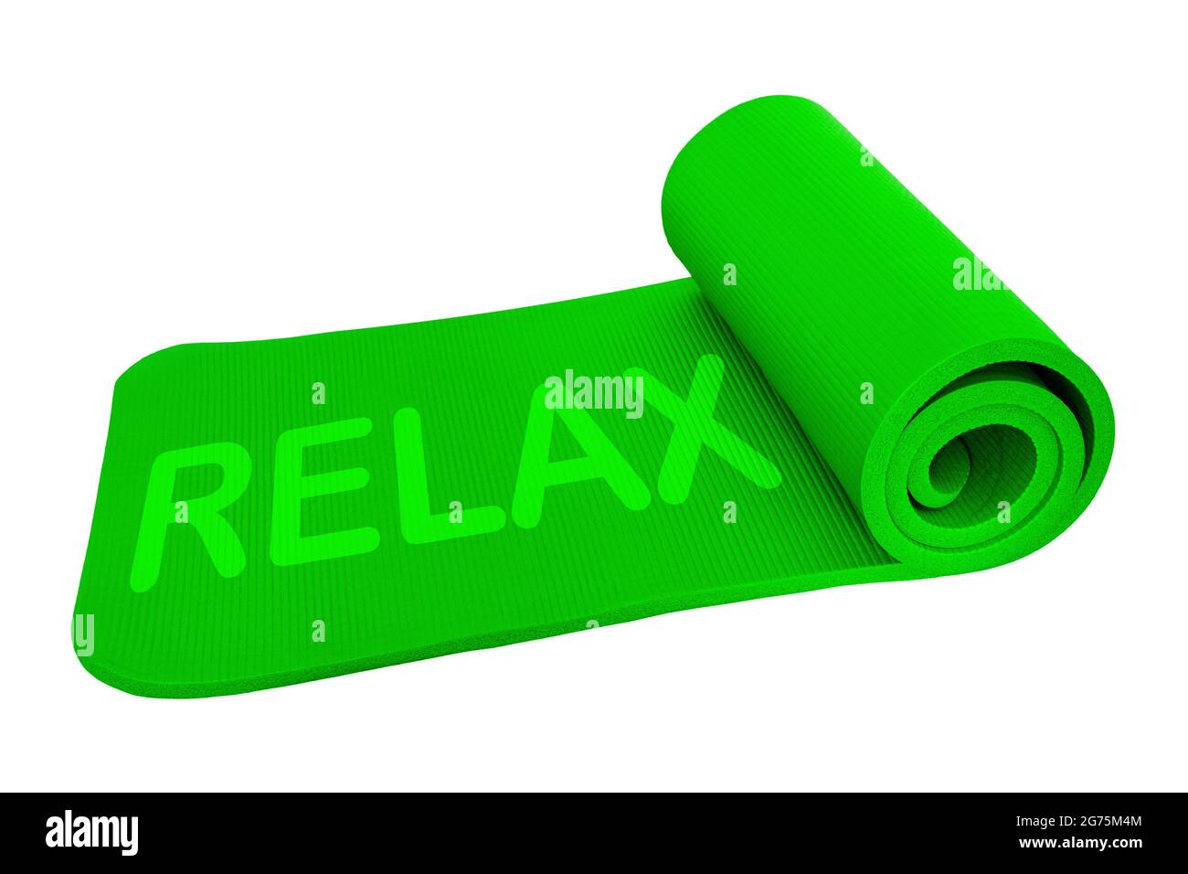 Grüne Yoga- und Fitnessmatte und entspannen isoliert vor weißem Hintergrund Stockfoto