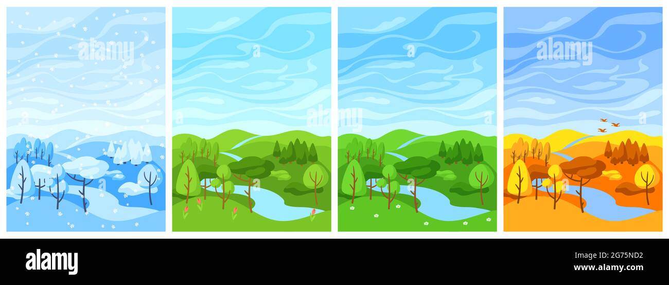 Vier Jahreszeiten Landschaft. Illustration mit Wald, Bäumen und Sträuchern im Winter, Frühling, Sommer, Herbst. Stock Vektor