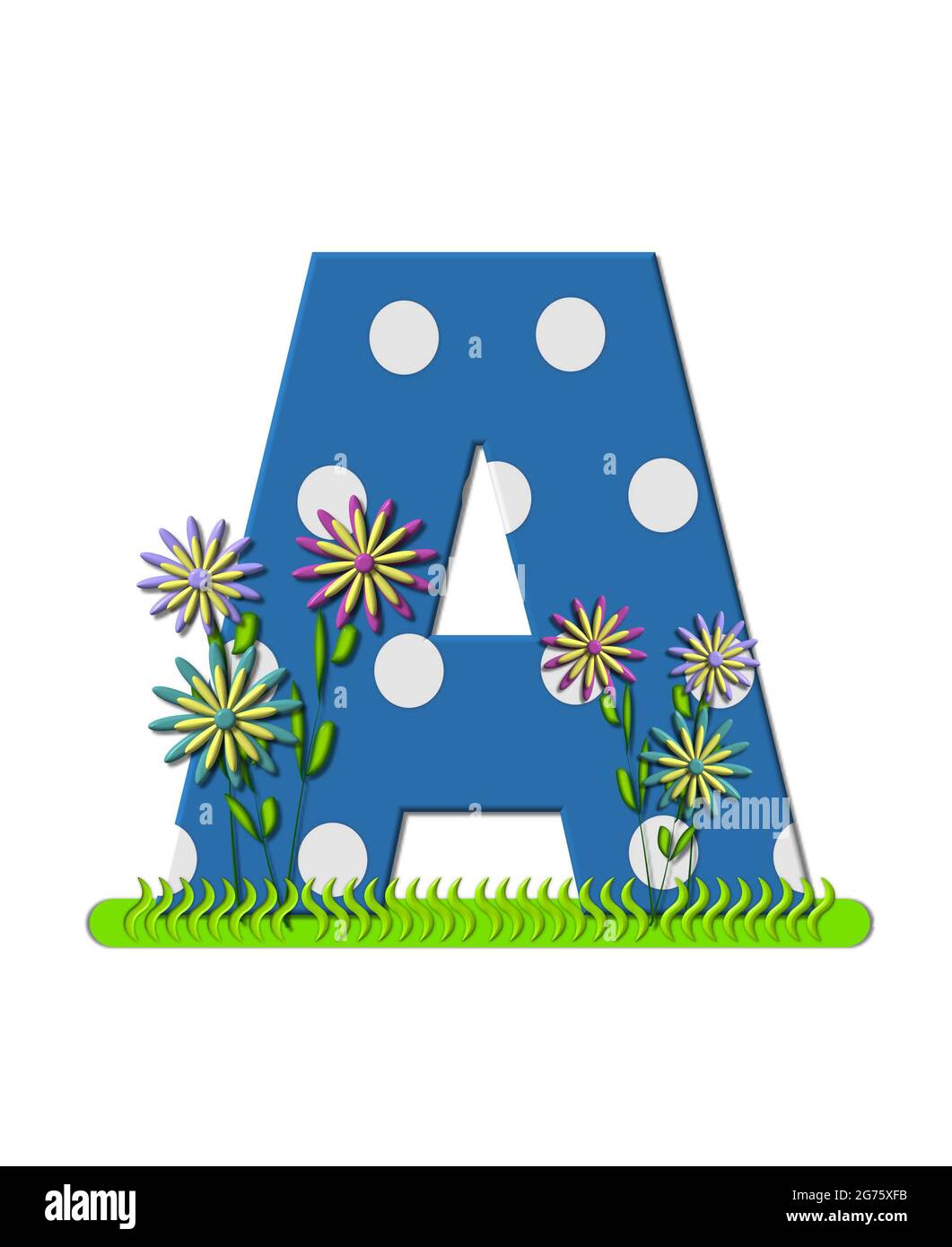 Der Buchstabe A im Alphabetersatz „Wildflower Meadow“ ist blau mit weißen Punkten. Die Basis des Briefes ist mit wellenförmigem Gras und 3D-Blumen verziert. Stockfoto