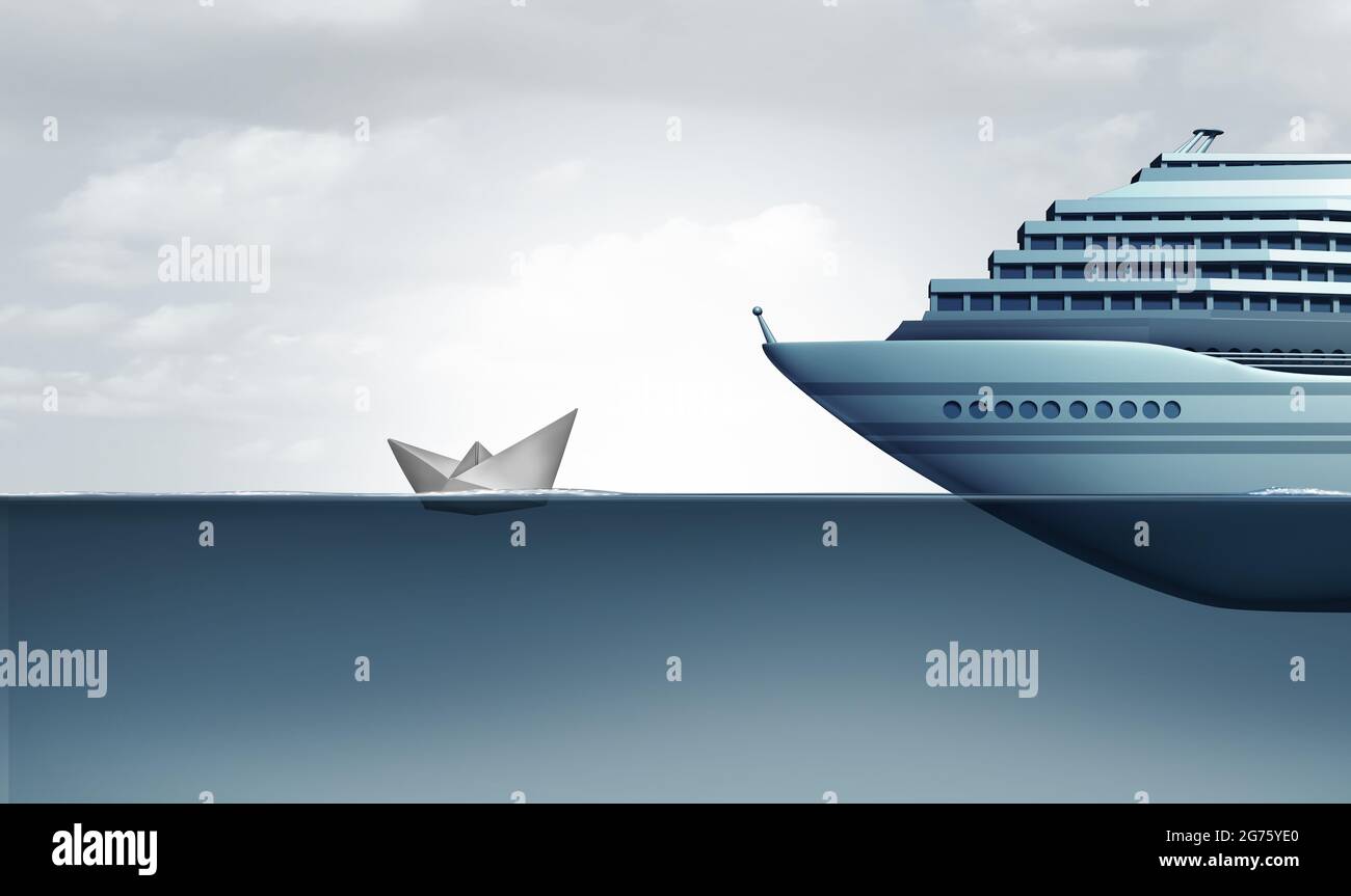 Günstige Kreuzfahrt und Budget Urlaub Konzept mit Papierboot im Vergleich zu riesigen Luxus-Linienschiff, die niedrige Preise Kreuzfahrten oder kostengünstige Ferien. Stockfoto