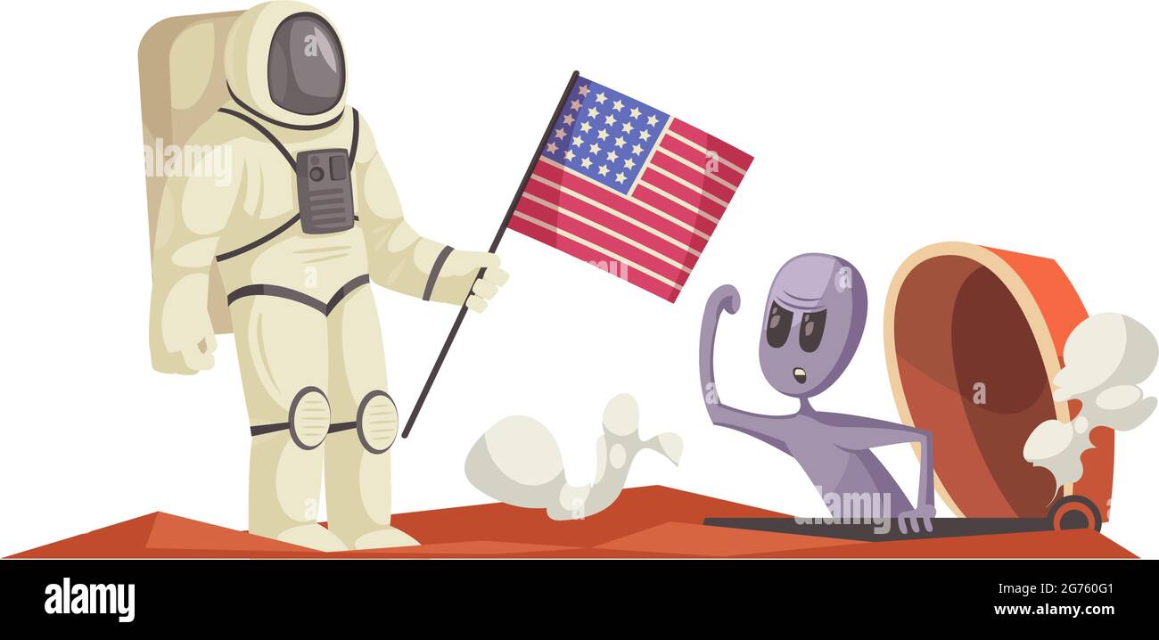 Cartoon lustige Ausländer wütend mit amerikanischen Astronauten in Raumanzüge Vektor-Illustration Stock Vektor