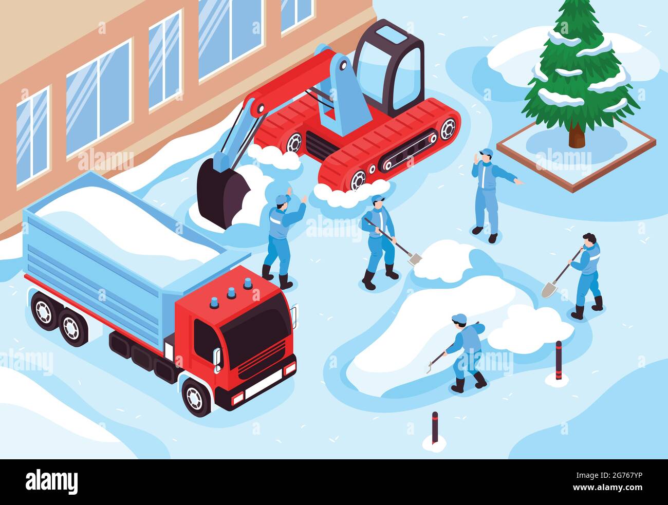 Isometrische Reinigung Straßenzusammensetzung mit Schnee Clearing Ausrüstung Fahrzeuge Bagger und LKW mit Team von Arbeitern Vektor-Illustration Stock Vektor