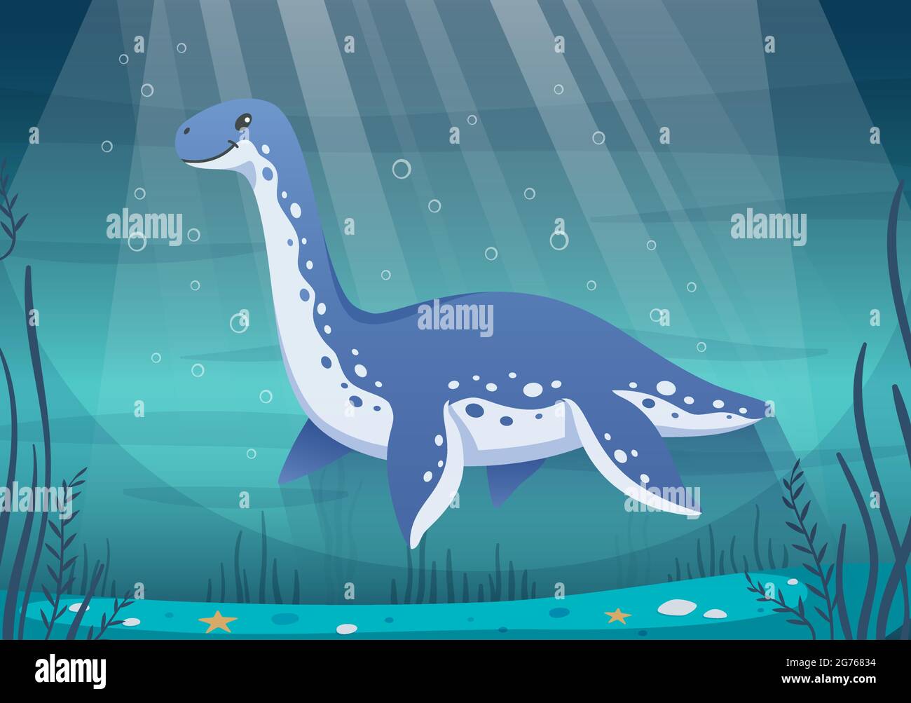 Dinosaurier Cartoon-Komposition mit Unterwasserszenerie Strahlen von Sonnenlicht Blasen und Charakter von Dinosaurier geformt ozeanophilus Vektor-Illustration Stock Vektor