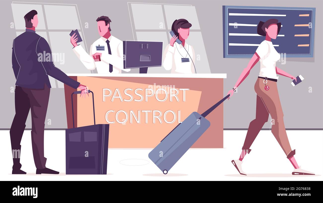 Passkontrolle in Innenräumen mit flachen Zeichen von Passagieren und Beamten am Schreibtisch mit Vektorgrafik am Abflugtisch Stock Vektor