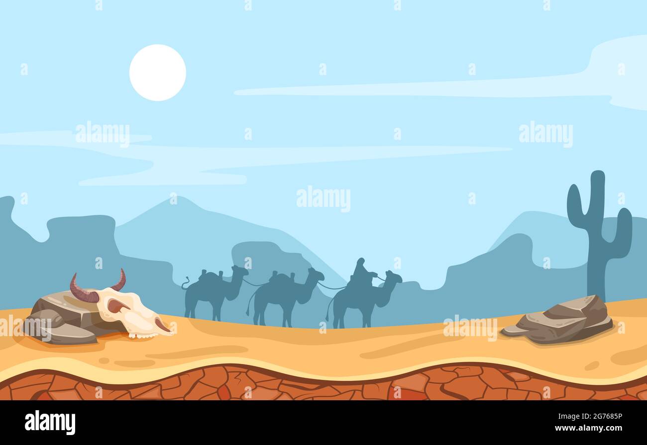 Wüste Spiel Landschaft Hintergrund mit Kamelen und Sand flach Vektor-Illustration Stock Vektor