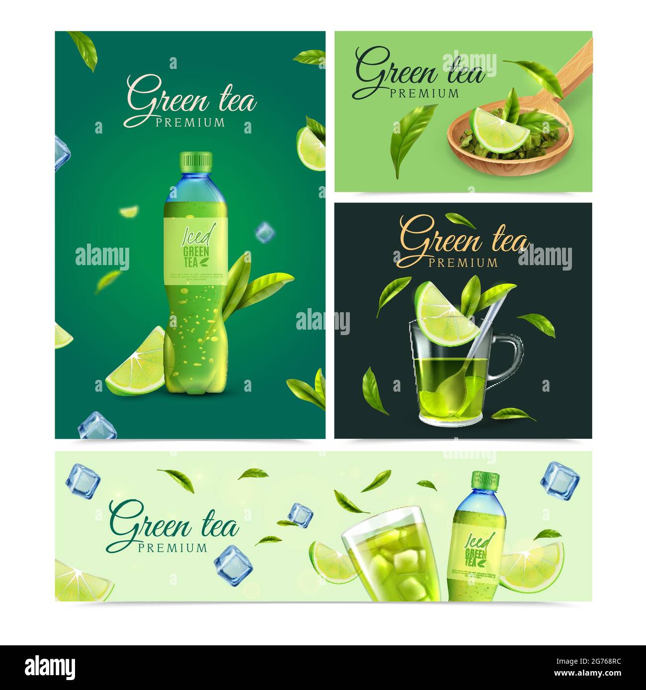 Premium grüner Tee realistische Banner Set mit Kunststoff-Flasche Glas grünen Blättern und Scheibe Zitrone Vektor-Illustration Stock Vektor