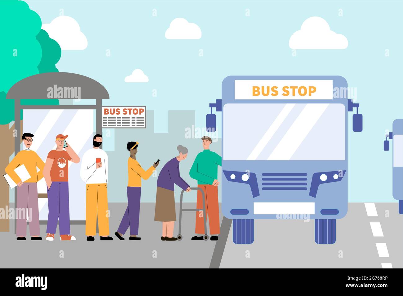 Turn People Transport flache Zusammensetzung mit Outdoor-Landschaft und Bushaltestelle mit Fahrgästen stehen in der Warteschlange Vektordarstellung Stock Vektor