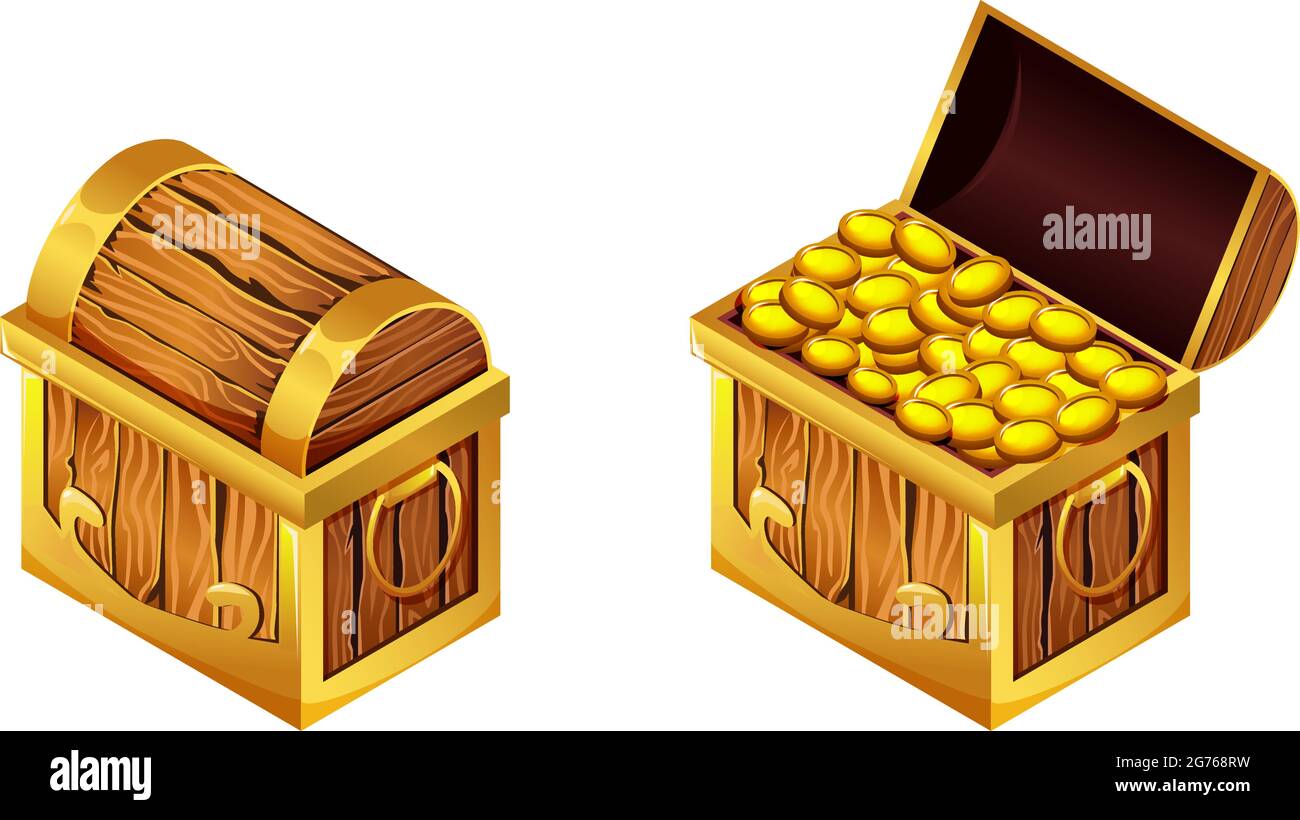 Brust isometrische Cartoon-Spiel mit isolierten Ansichten der Münzkasse mit geschlossenen und offenen Deckel Vektor-Illustration Stock Vektor