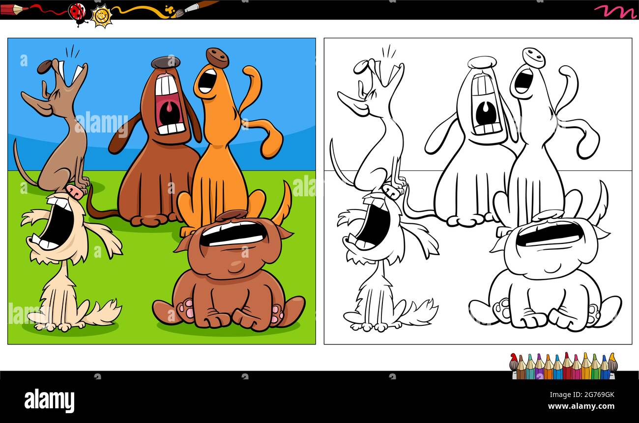 Cartoon Illustration von heulenden Hunden Tier Charaktere Gruppe Färbung Buch Seite Stock Vektor