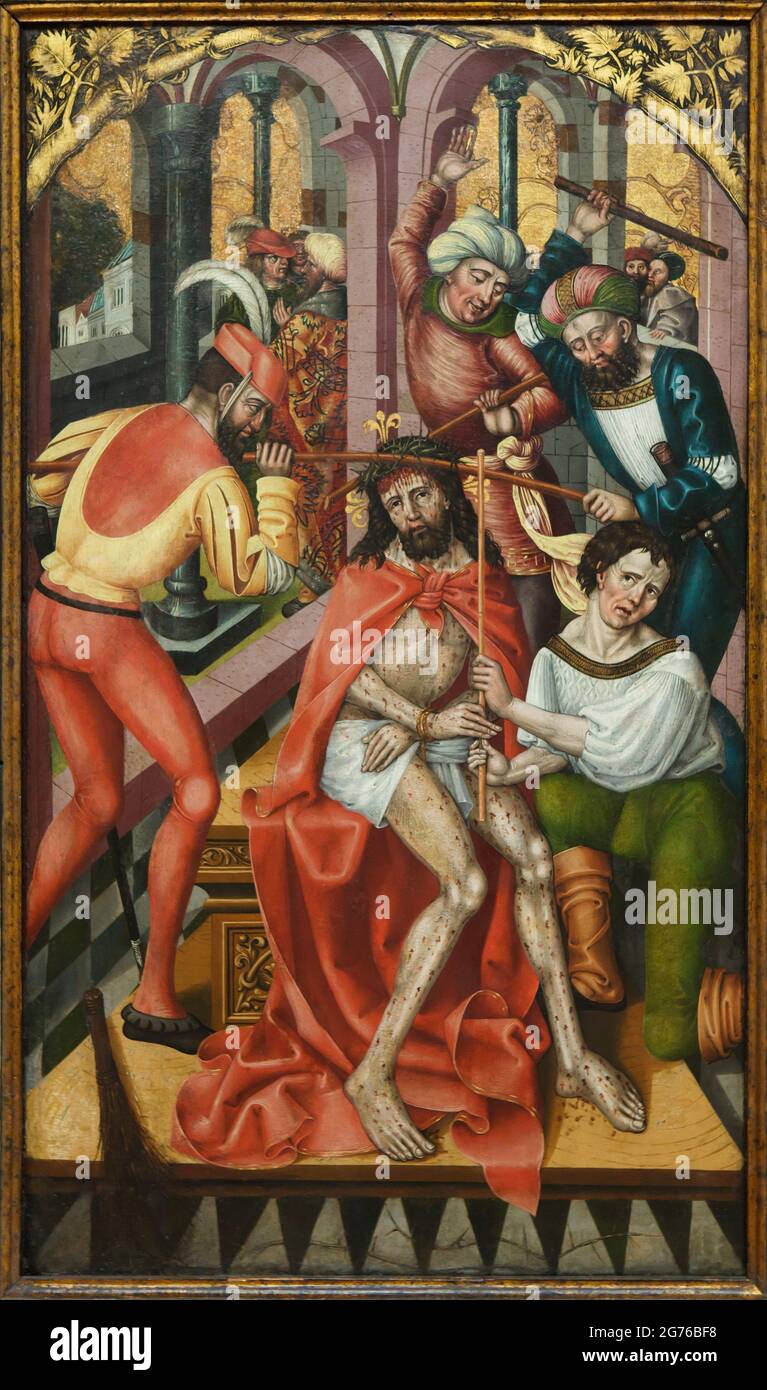 Krönung mit Dornen. Detail des Göttinger Passionsaltars des deutschen spätgotischen Malers Hans Raphon (1499), ausgestellt in der Dauerausstellung alter Meister der Nationalgalerie (Národní galerie) im Schloss Sternberg (Šternberský palác) in Prag, Tschechien. Stockfoto