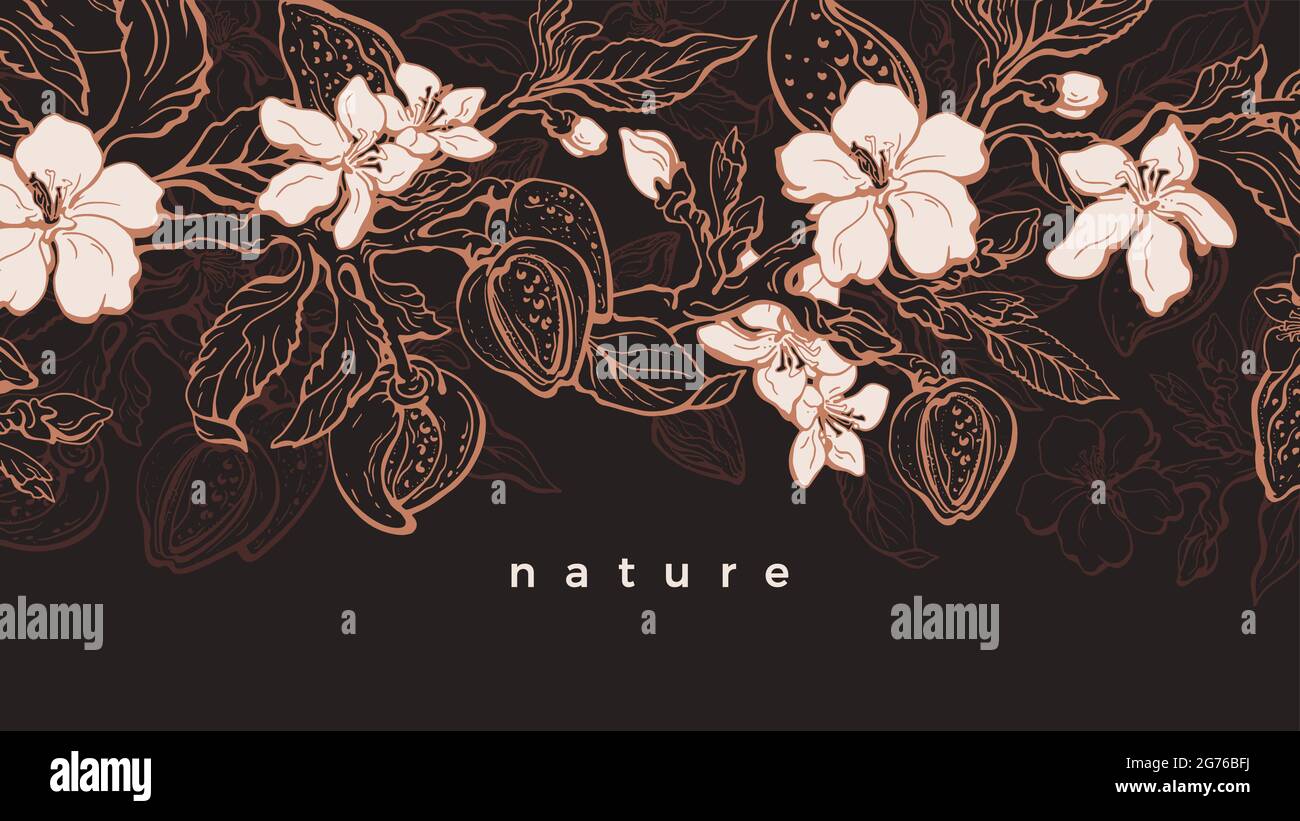 Florale Vintage Hintergrund. Vektorskizze. Realistischer Baum, Zweig der Mandel, Blattgold, blühende Blume, Mutter. Handgezeichnete grafische Illustration. Art roma Stock Vektor