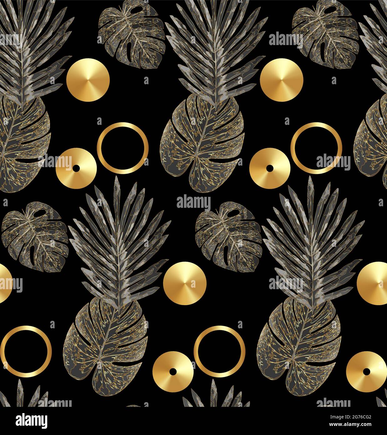 Luxus Gold und schwarze tropische Pflanze nahtlose Hintergrund Vektor. Blumenmuster mit goldener tropischer Palme, Monstera-Blatt, exotische Pflanze, Dschungelpflanzen, Stock Vektor