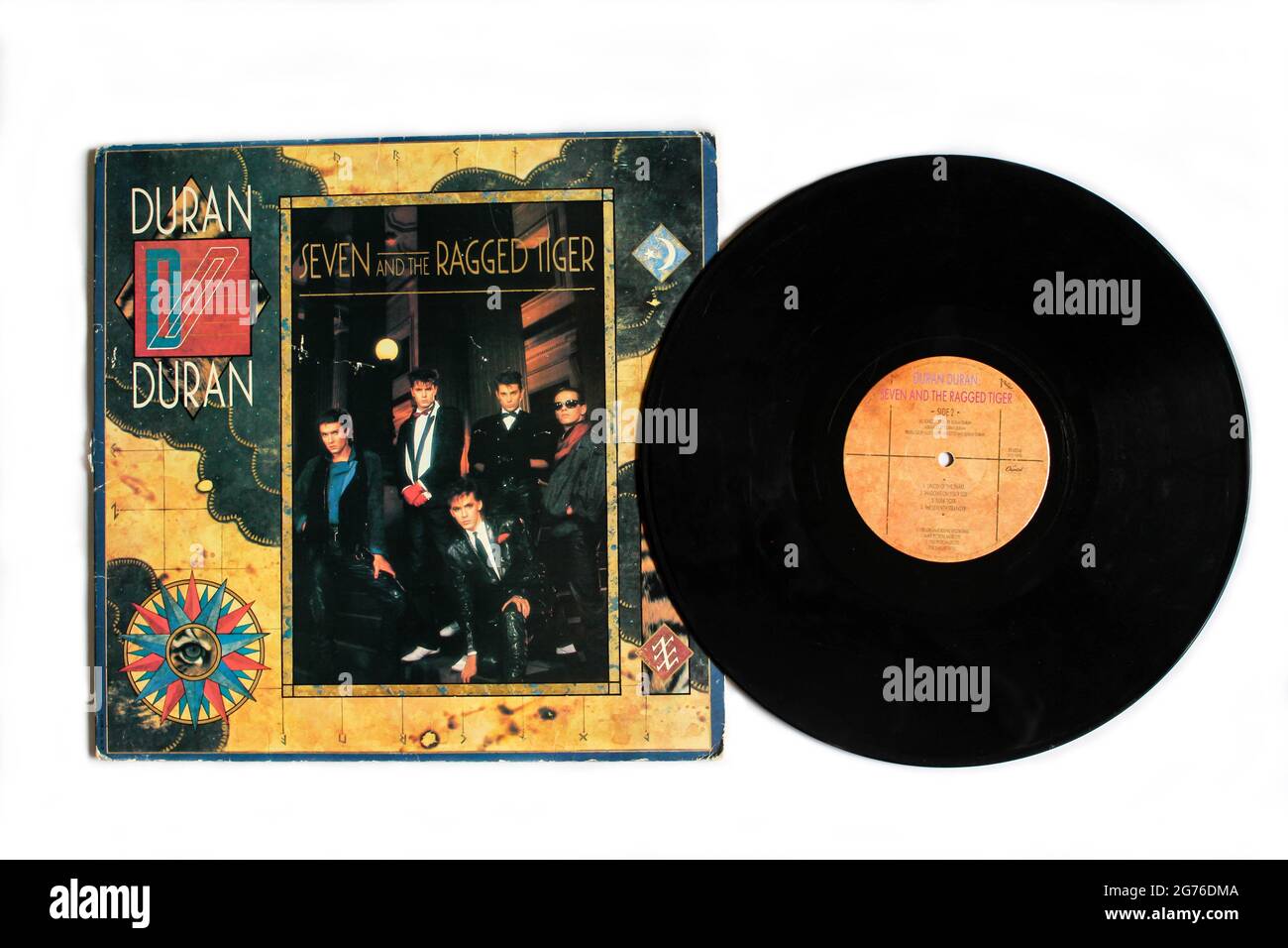 Englische New Wave Rock Band, Duran Duran Musikalbum auf Vinyl LP Disc. Titel: Seven and the Ragged Tiger Album Cover Stockfoto