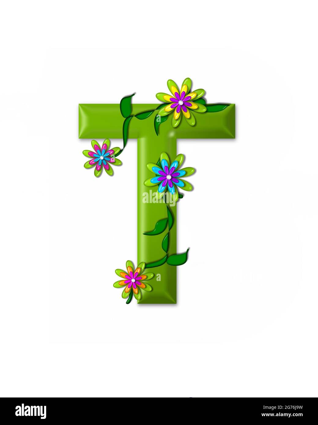 Der Buchstabe T, im Alphabet-Set 'Wonderland', ist 3d und grün gefärbt. Brief ist mit 3d-Blumen und Reben verziert Stockfotografie