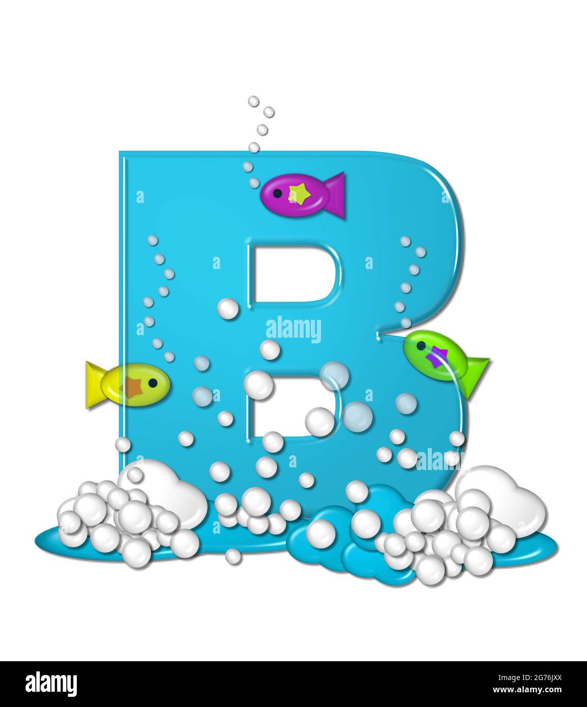 Der Buchstabe B im Alphabet-Set „Bubbly Fish“ ist leuchtend aqua und hat Blasen und Wellenbewegung am unteren Ende des Buchstabens. Transparente Schicht ermöglicht Farbgebung Stockfoto