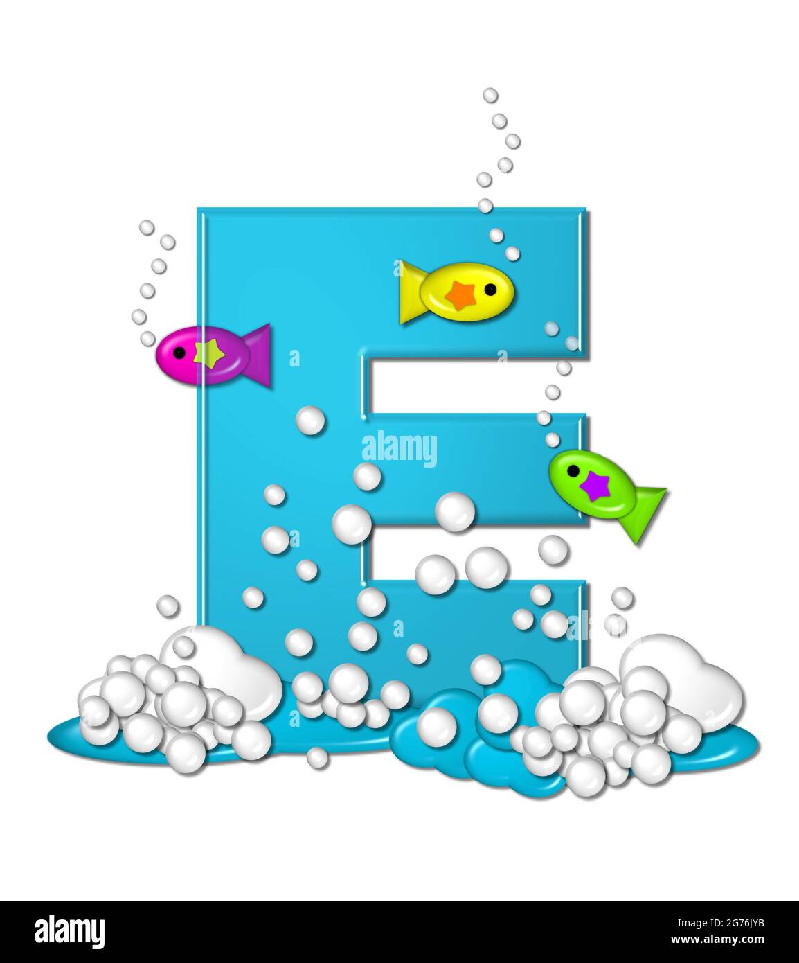 Der Buchstabe E im Alphabet-Set „Bubbly Fish“ ist leuchtend aqua und hat Blasen und Wellen am unteren Ende des Buchstabens. Transparente Schicht ermöglicht Farbgebung Stockfoto