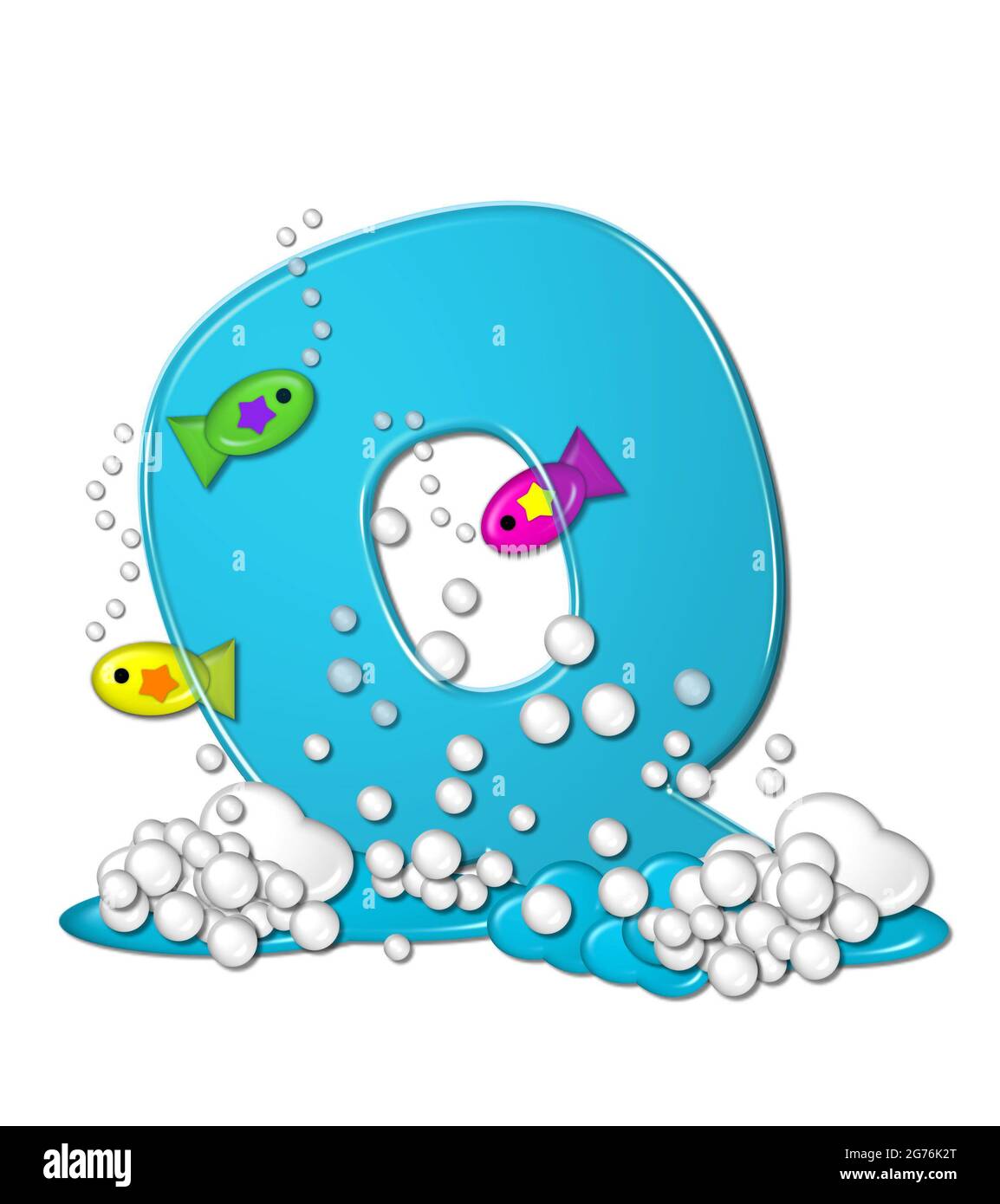 Der Buchstabe Q im Alphabet-Set „Bubbly Fish“ ist leuchtend aqua und hat Blasen und Wellen am unteren Ende des Buchstabens. Transparente Schicht ermöglicht Farbgebung Stockfoto