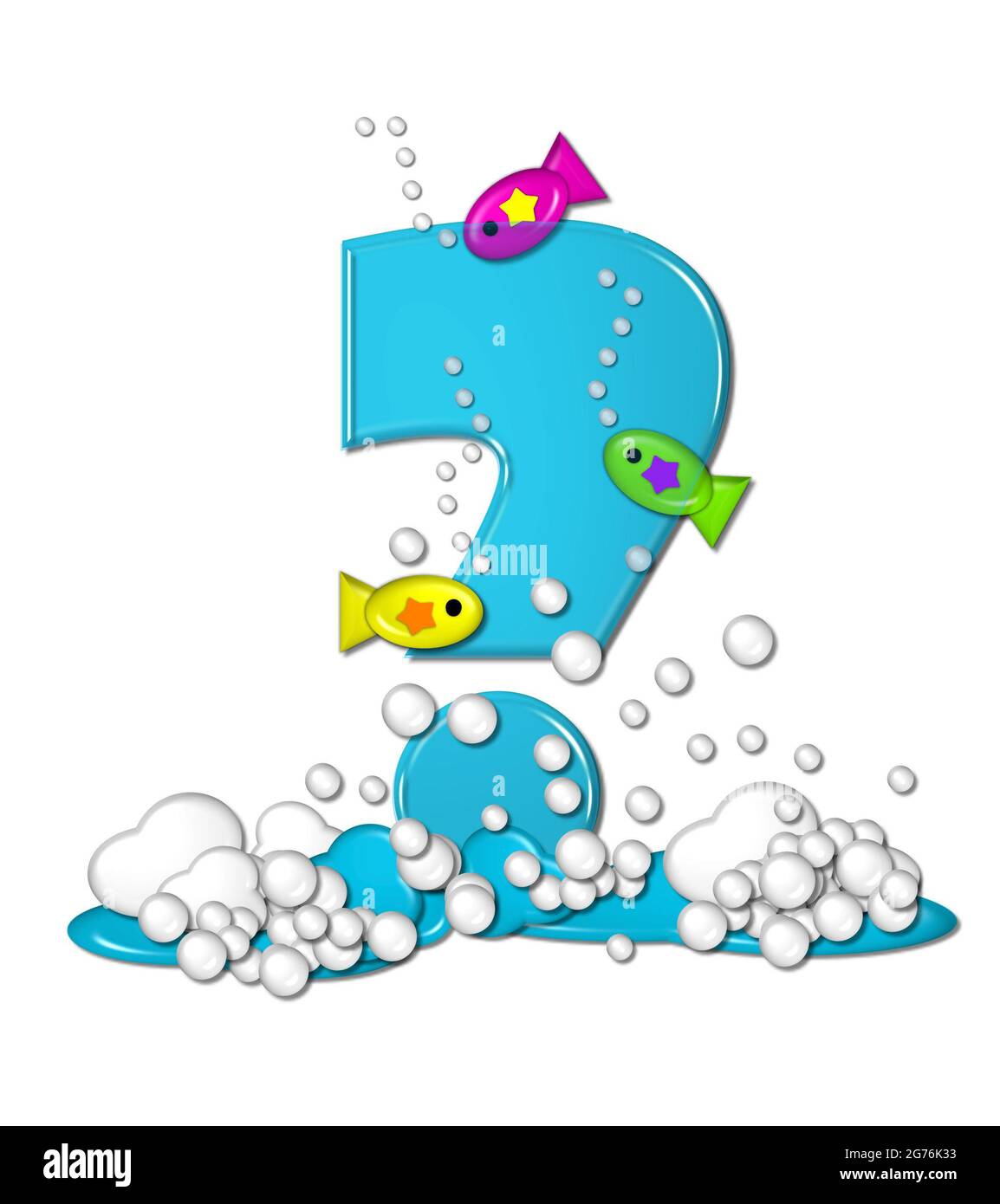 Das Fragezeichen im Alphabet-Set „Bubbly Fish“ ist hell-aqua und hat Blasen und Wellen am unteren Rand des Buchstabens. Transparente Ebene ermöglicht Farbgebung Stockfoto