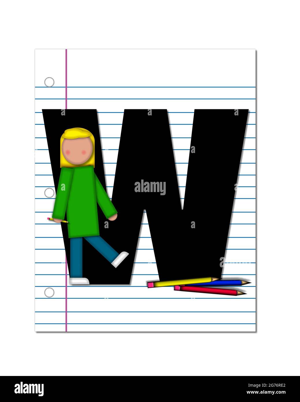Der Buchstabe W Im Alphabetsatz Beginn Der Schule Zwei Ist Schwarz Letter Sitzt Auf Einem Leeren Stuck Notizbuch Und Ist Mit Bleistiften Verziert Stockfotografie Alamy