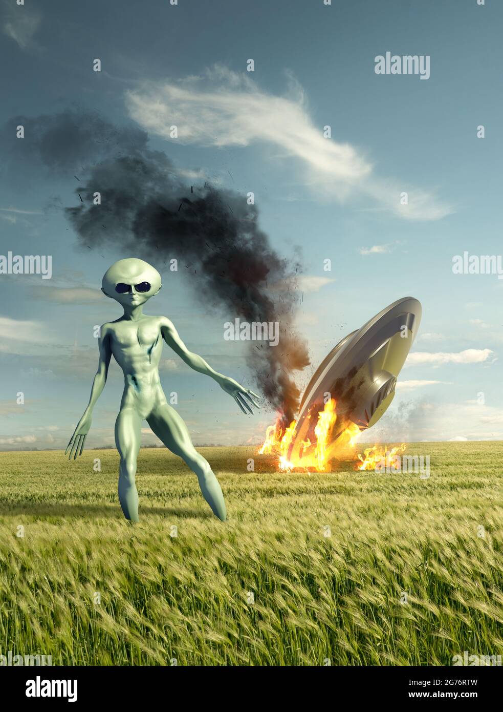 Klassische fliegende Untertasse UFO Crash-Site mit einem grünen Alien. Klassifiziertes außerirdisches Leben auf der Erde. 3D-Illustration Stockfoto