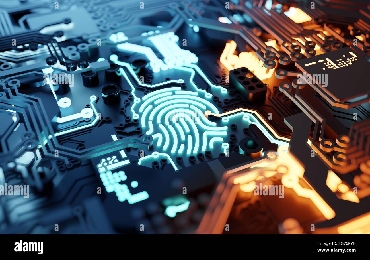 Online und Digital biometrisches Fingerabdruck-Sicherheitskonzept. Hardware für Netzwerk- und Personal Identity-Computer. 3D-Illustration. Stockfoto