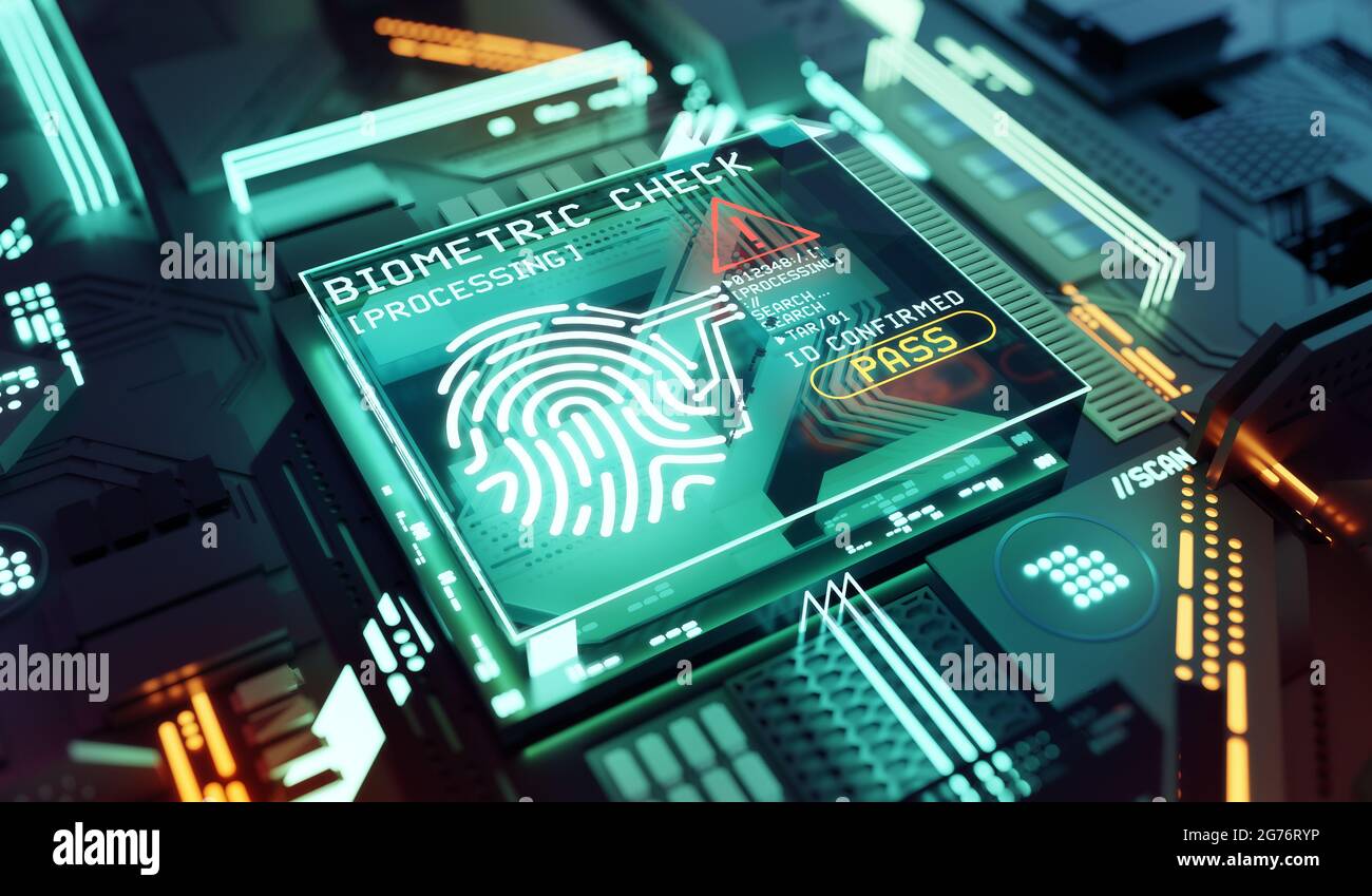 Hardware-Sicherheit biometrischer Fingerabdruck. Schutzkonzept für Netzwerke und Entitäten. 3D-Illustration. Stockfoto