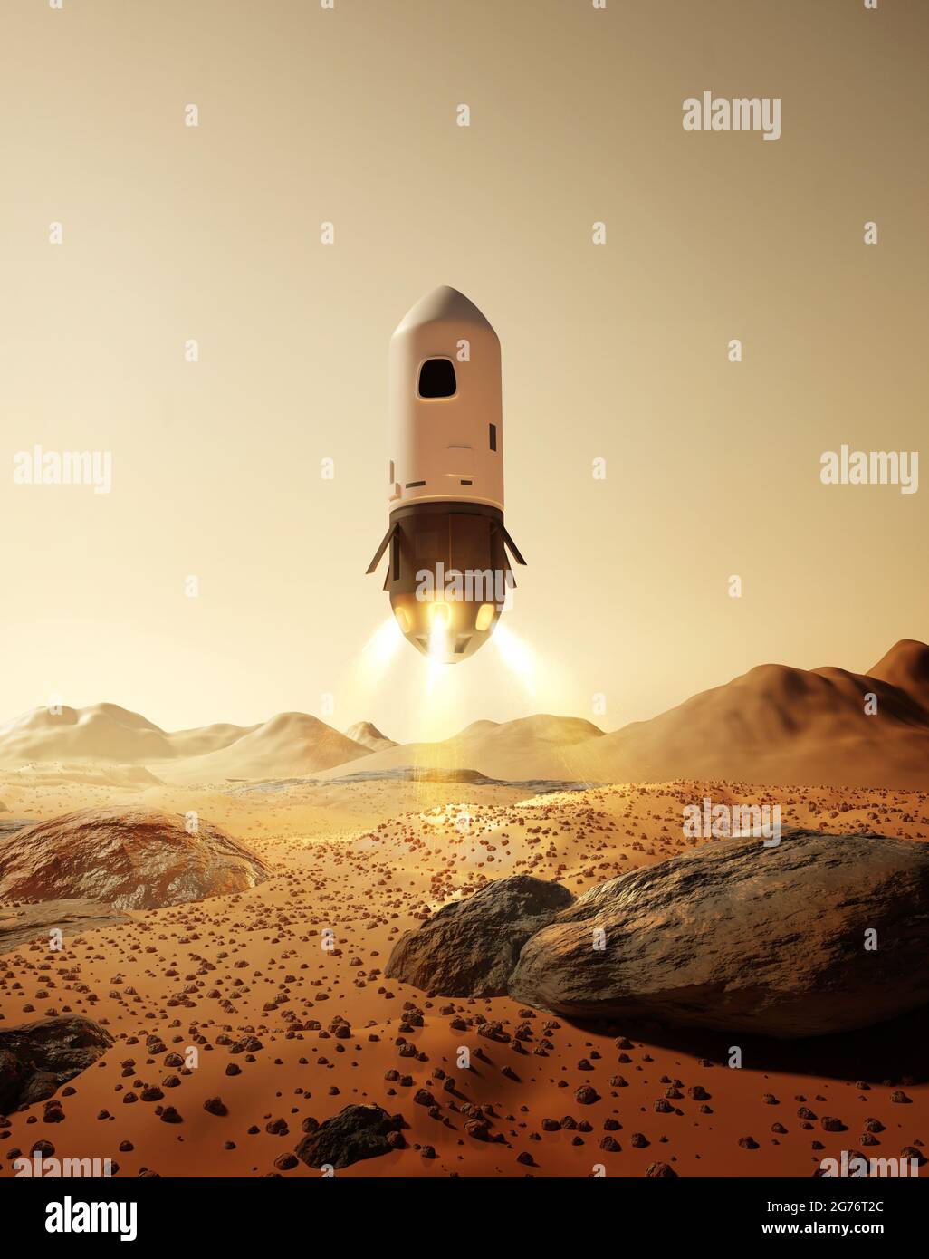 Eine Rakete mit Astronauten, die auf der Oberfläche des Planeten Mars landet. Zukünftige Weltraumexplorationsmissionen. 3D-Illustration. Stockfoto