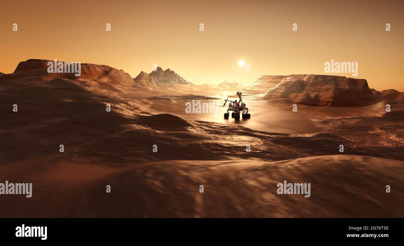 Ein Rover auf der marsoberfläche auf der Suche nach Lebenszeichen. 3D-Illustration für Wissenschaft und Forschung. Stockfoto