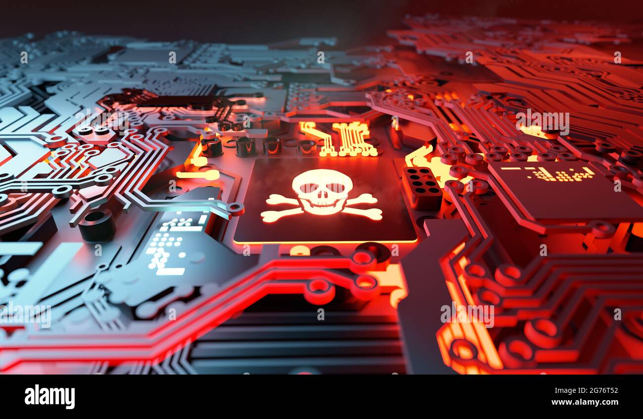 Anfällige Computer Systeme gehackt und Netzwerk-Software digitale Cyberkriminalität Hintergrundkonzept. 3D-Illustration. Stockfoto
