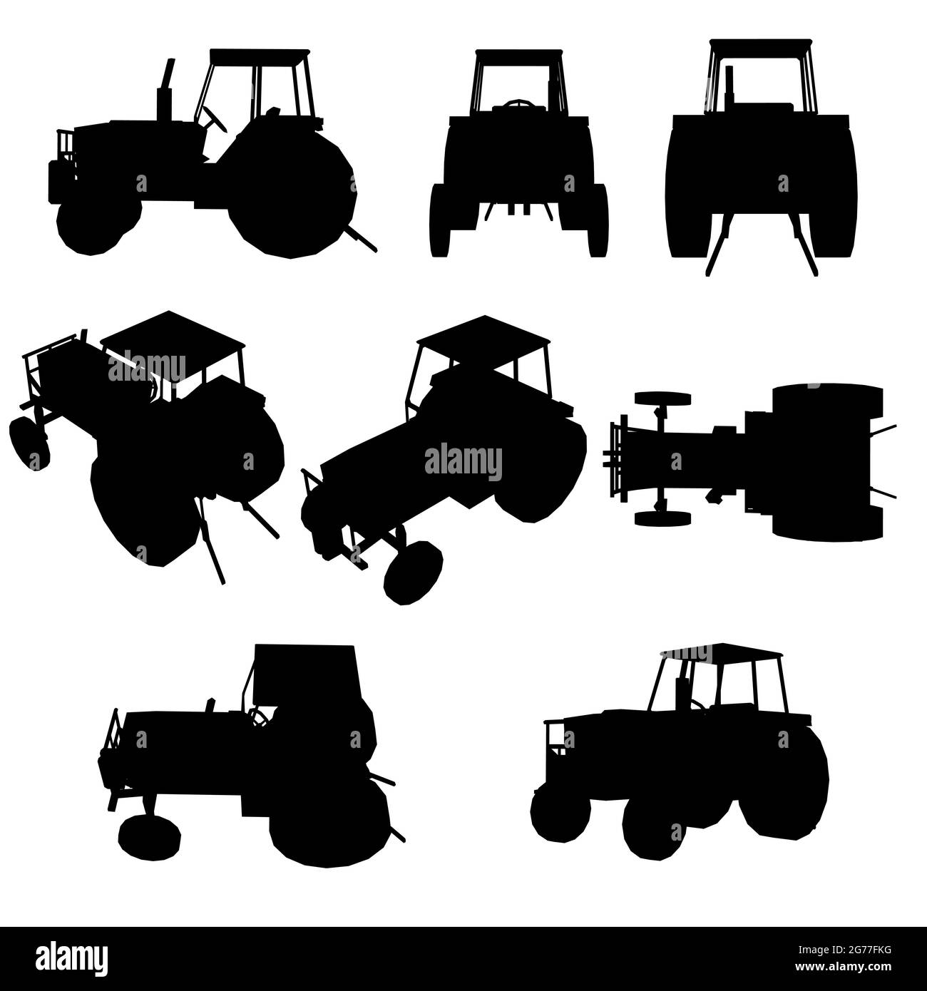 Set mit Silhouetten eines Traktors in verschiedenen Positionen isoliert auf weißem Hintergrund. Vektorgrafik. Stock Vektor