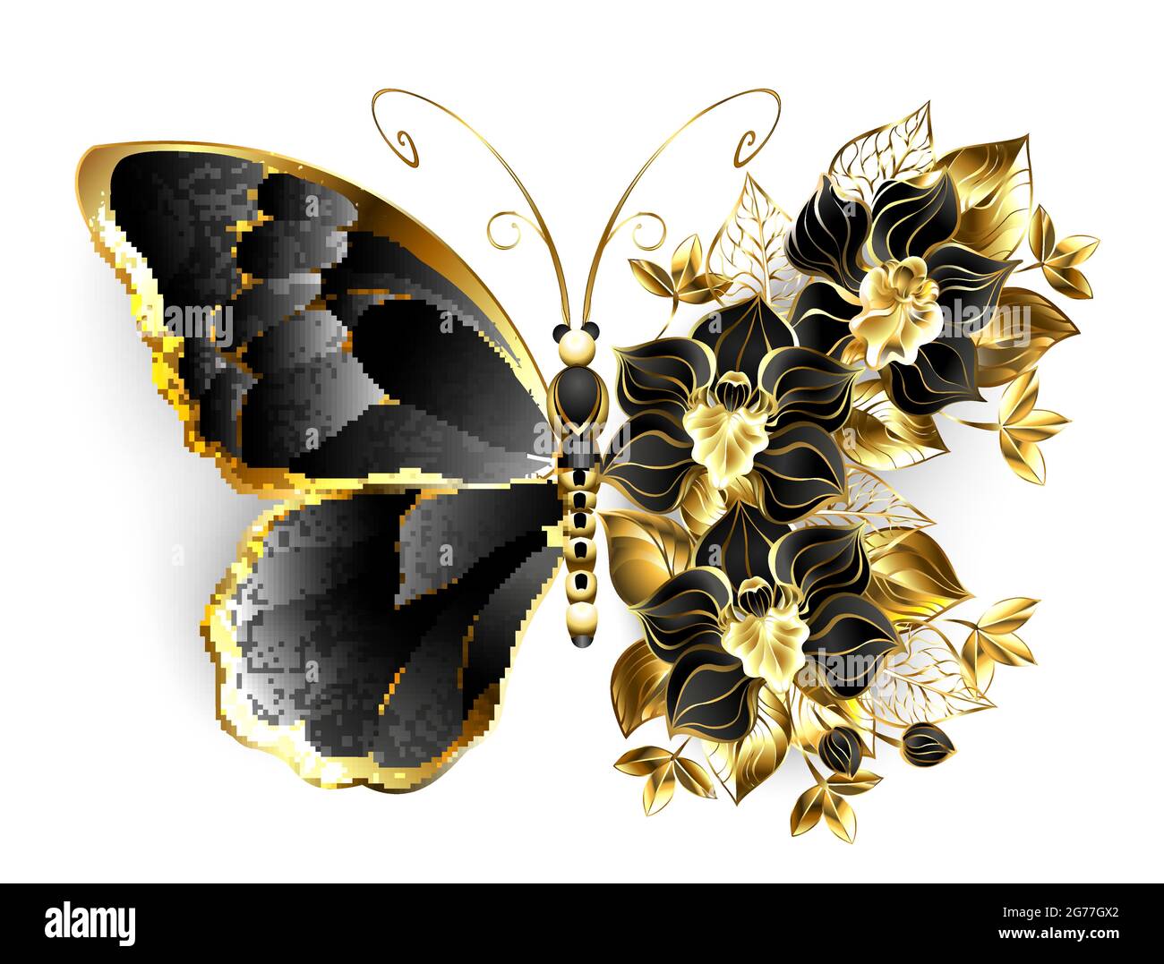 Goldblütenschmetterling mit schwarzer Schmuckorchidee, verziert mit goldenen Blättern auf weißem Hintergrund. Stock Vektor