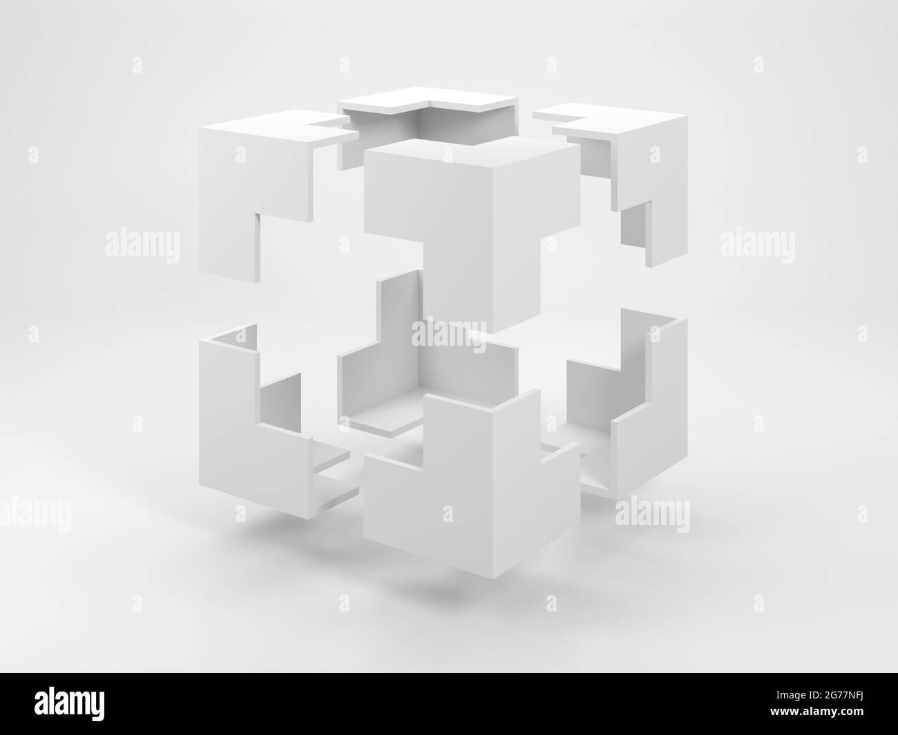 Abstraktes weißes geometrisches Objekt, eine leere Begrenzungsbox mit fliegenden Ecken, ist ein weißes Studio. 3D-Rendering-Illustration Stockfoto