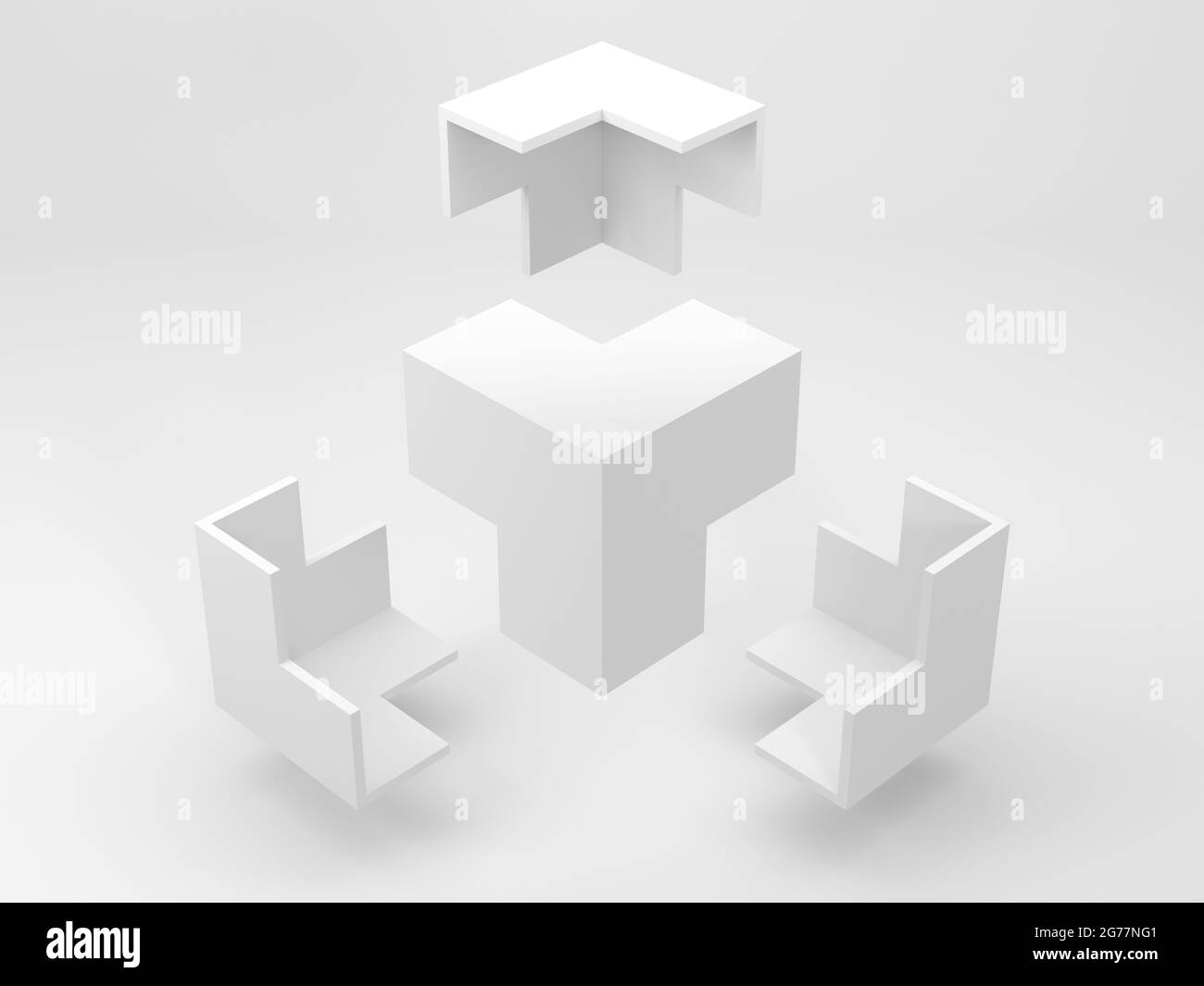 Abstrakte weiße geometrische Installation, fliegende Ecken einer leeren Begrenzungsbox befinden sich in einem weißen Studio. 3D-Rendering-Illustration Stockfoto