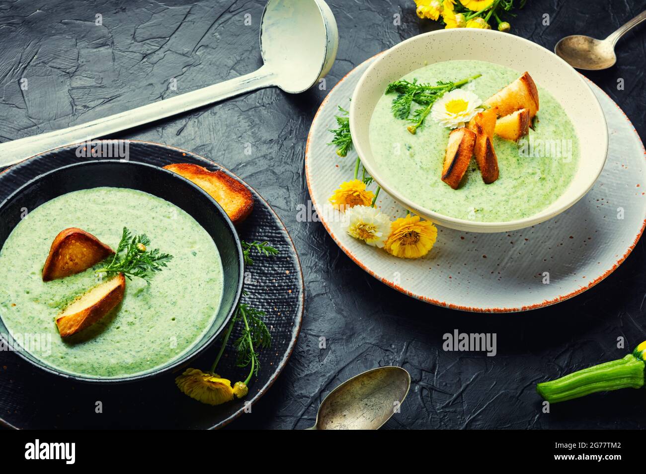 Püree-Suppe, Zucchini- und Kräutersuppe mit Toast Stockfoto