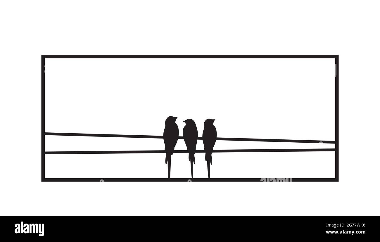 Die Vögel auf dem Draht und dem Rahmen des Fensters, des Vektors. Silhouetten von Vögeln auf Draht isoliert auf weißem Hintergrund. Schwarz-weiße Wandtattoos, Kunstdesign, Wandkunst Stock Vektor