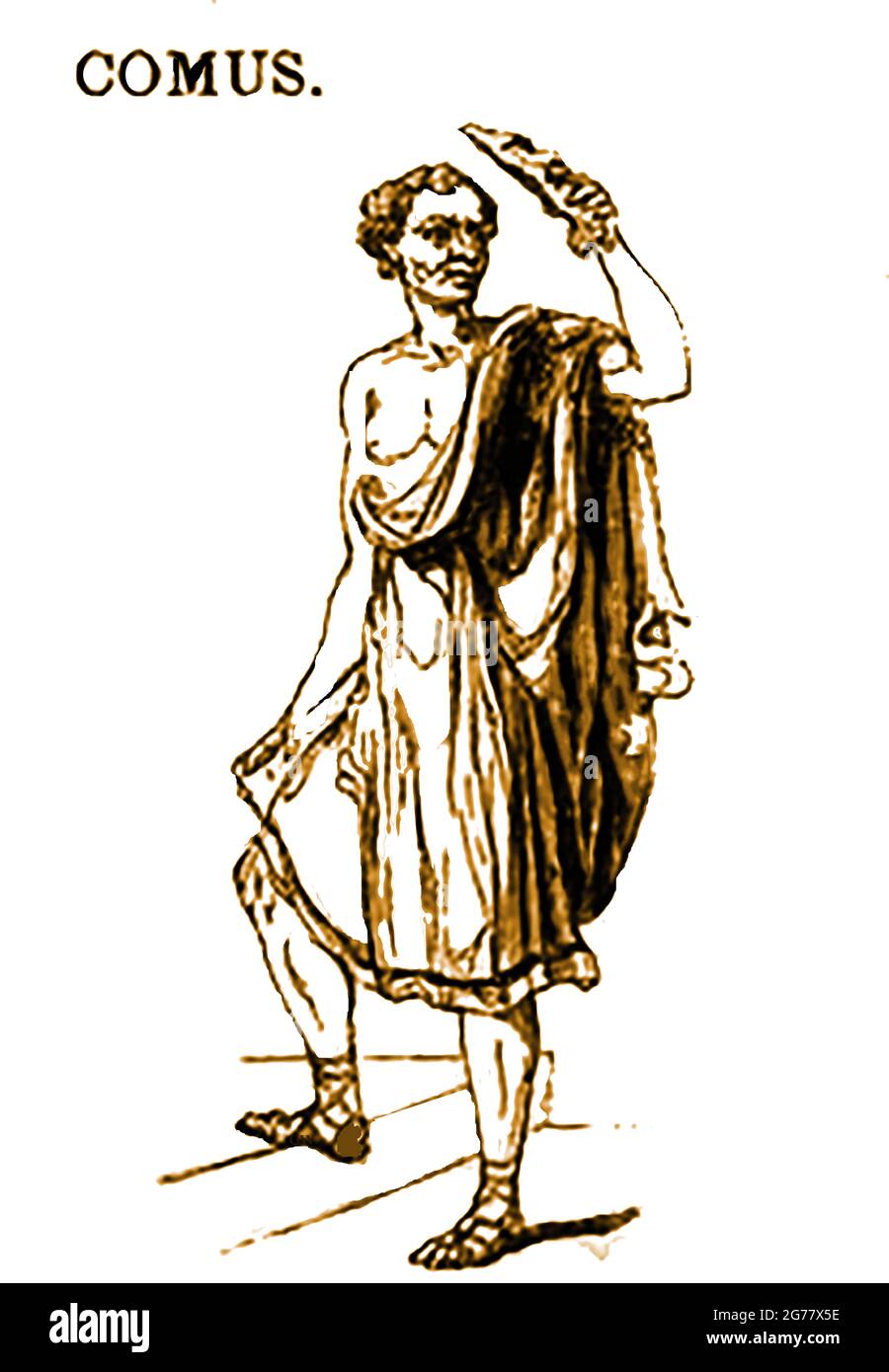 Eine Darstellung der griechischen mythologischen Figur Comus (Κῶμος) aus dem Jahr 1839, dem berauschten gott der Festlichkeiten, Schwelgen und nächtlichen Aktivitäten. Wenn er als geflügelter Jugendlicher oder kindähnlicher Satyr dargestellt wird, symbolisiert er Anarchie und Chaos. Comus kann auch als paralytischer Trunkener dargestellt werden. Er ist im Wesentlichen ein gott des Überschusses und wird oft gezeigt (wie hier und manchmal mit einem Blumenkranz auf dem Kopf), eine Fackel, die heruntergelassen wird, zu tragen. Er hat Verbindungen (aber nicht direkt) mit anderen fleischlichen oder berauschten Göttern wie Pan und Dionysus. Stockfoto