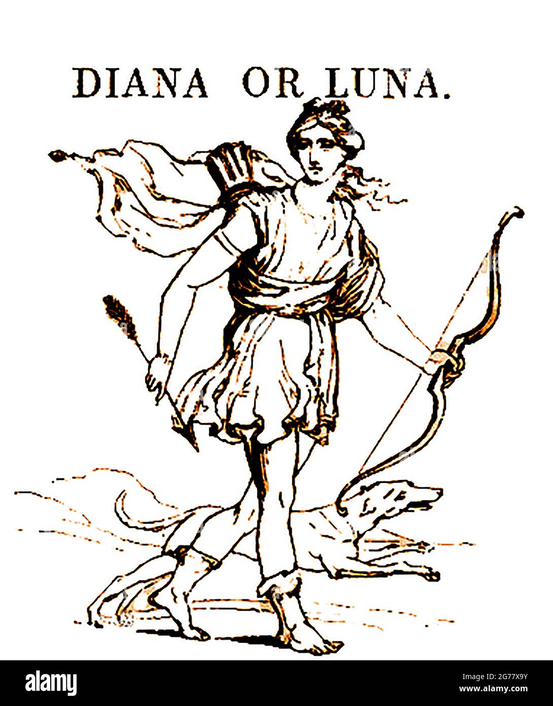 Eine Darstellung der griechischen und römischen mythologischen Figur Diana (manchmal auch die Jägergöttin genannt) aus dem Jahr 1839, die im modernen römischen Neopaganismus, in Stregheria (die alte Religion) und in Wicca immer noch verehrt wird. Zu Diana gehören Artemis, Egeria, die Wassernymphe, Hecate, Virbius und der Mond (Luna und/oder Selene). Sie ist auch mit dem Land, der Geburt, Waldgebieten, Kreuzungen (insbesondere 3-Wege-Kreuzungen), dem Weg in die Unterwelt, Stockfoto