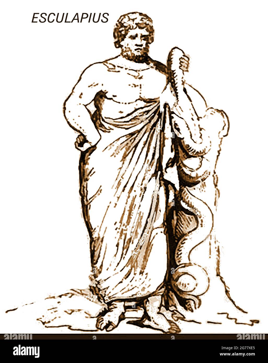 Eine 1839 Darstellung der mythologischen Figur Esculapius (a.k.a. Aesculapius / Asclepius / Hepius / Ἀσκληπιός ,Asklēpiós oder paean 'der Heiler') Apollos Sohn, Seine Kinder waren auch Heiler (seine Göttentöchter waren Hygienia oder 'Hygiene', - Sauberkeit, IASO - Erholung, Aceso - Heilung, Aegle - allgemeine gute Gesundheit und Panacea - universelle Heilmittel). Der römisch-etruskische äquivalentgott war Vediovis & in Ägypten Imhotep. Er besitzt einen Kadukeus, der dem von Hermes ähnelt. Seine Ärzte und Begleiter wurden als die Therapeuten von Asclepius bekannt. Stockfoto