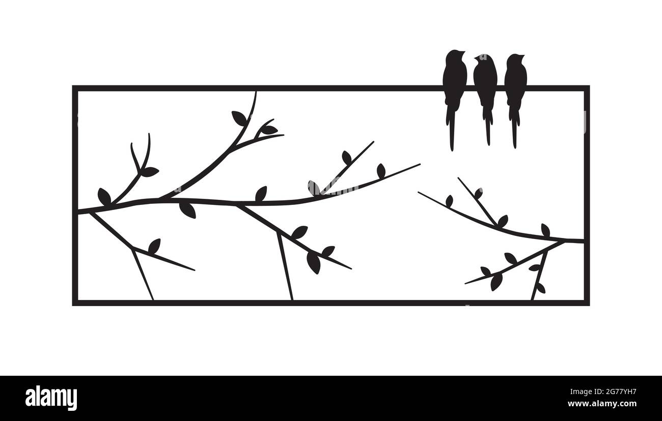Vögel stehen auf dem Rahmen eines Fensters, Vektor. Vögel Silhouetten auf Zweig isoliert auf weißem Hintergrund. Schwarz-weiße Wandtattoos, Kunstdesign, Wand A Stock Vektor