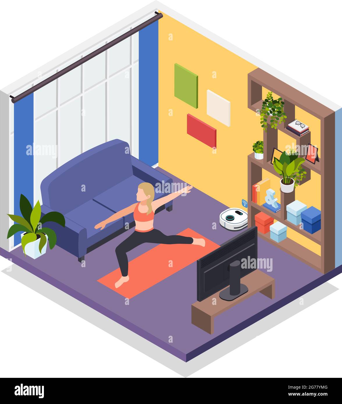 Junge Frau zu Hause bleiben isometrische Inneneinrichtung Zusammensetzung mit Quarantäne Indoor Gym Workout Fitness-Aktivitäten Vektor-Illustration Stock Vektor