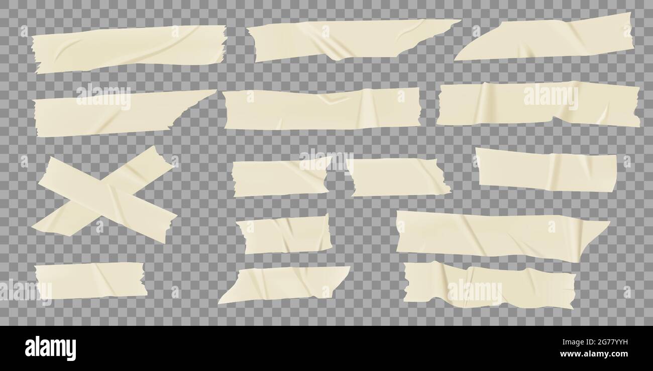 Papierklebebänder. Realistische Klebebandstücke. Alte zerknittert klebrigen  Streifen, Scotch mit abgerissenen Kanten auf transparentem Hintergrund  Vektor-Set. Beige geklebte Aufnäher für Schnitte und Beschädigungen  Stock-Vektorgrafik - Alamy