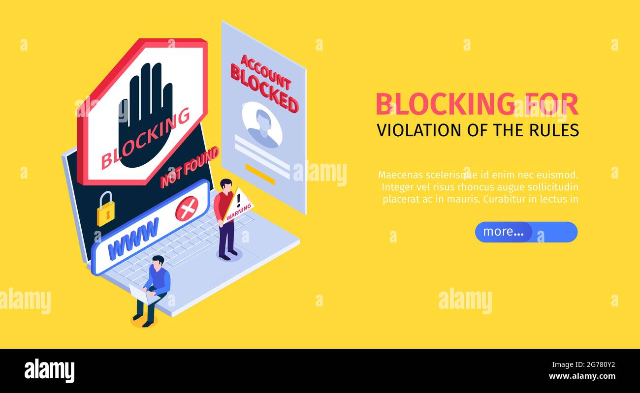 Isometrische Internet-Blocking gelb und horizontal Banner mit Blockierung für die Verletzung der Regeln und mehr Button-Vektor-Illustration Stock Vektor