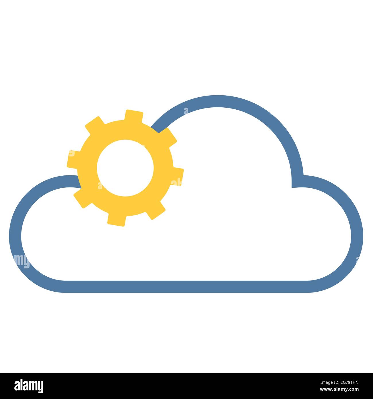 Logo für IT oder jedes andere Unternehmen: Ein gelbes Zahnrad in Form einer Sonne auf blauem Wolkenhintergrund. Kreative Vektorgrafik Stock Vektor