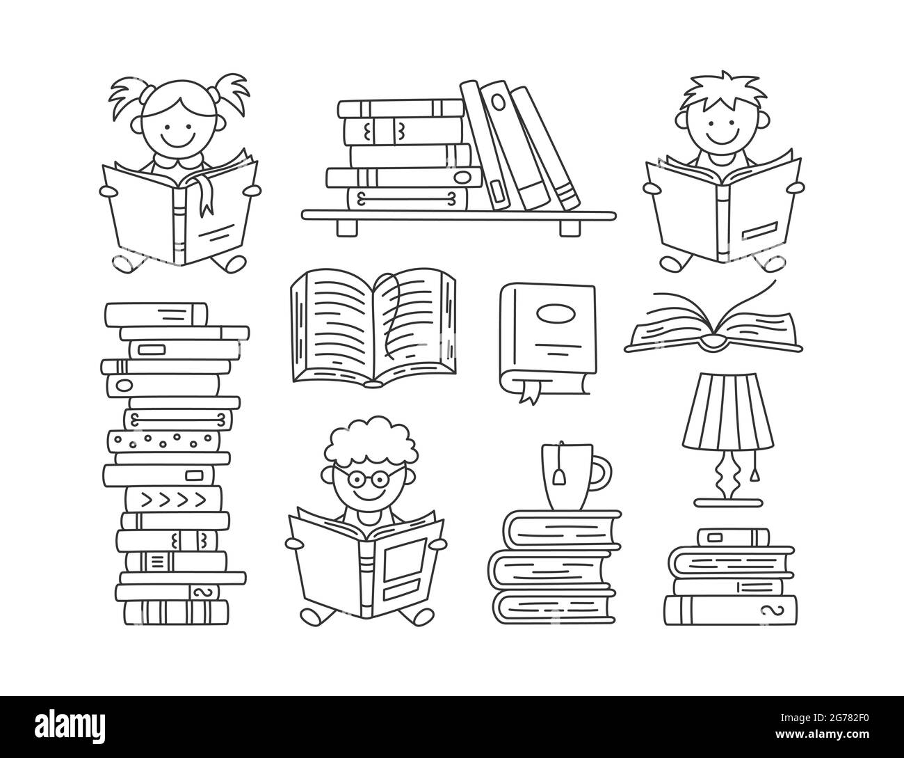 Satz von Büchern und lesenden Kindern. Handgezeichnete kleine Kinder halten Bücher offen und lesen. Satz von Vektorgrafiken, die auf weißem Hintergrund in isoliert sind Stock Vektor