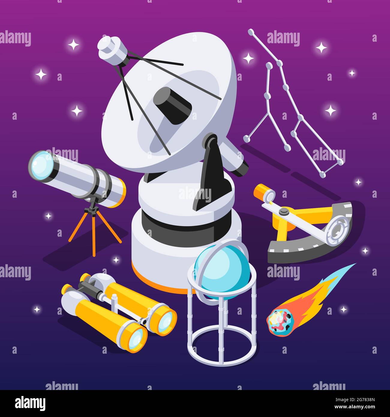 Astronomie isometrische Zusammensetzung mit Symbolen von Beobachtungsgeräten mit Sternbildern auf violettem Gradienten Hintergrund Vektor-Illustration Stock Vektor