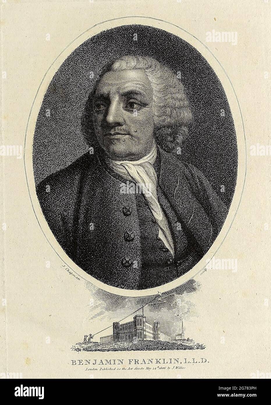 Porträt von Benjamin Franklin (17. Januar 1706 [O.S. 6. Januar 1705] – 17. April 1790) war einer der Gründungsväter der Vereinigten Staaten. Als Universalgelehrter war er ein führender Schriftsteller, Drucker, politischer Philosoph, Politiker, Freimaurer, Postmaster, Wissenschaftler, Erfinder, Humorist, Bürgeraktivist, Staatsmann und Diplomat. Als Wissenschaftler war er für seine Entdeckungen und Theorien zur Elektrizität eine wichtige Figur in der amerikanischen Aufklärung und der Geschichte der Physik. Als Erfinder ist er unter anderem für den Blitzableiter, die Bifokale und den Franklin-Ofen bekannt. Er gründete viele Bürger Stockfoto
