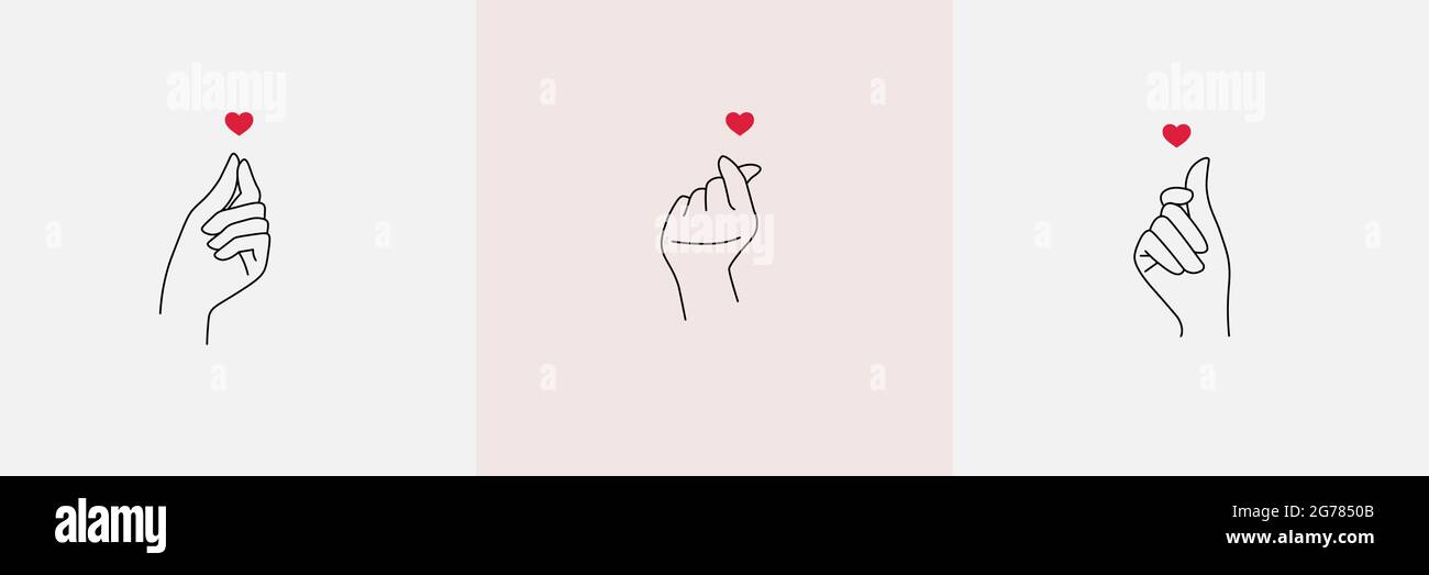 Weibliche Hand macht Finger Geste kleines rotes Herz. Asiatisches Zeichen der Liebe, koreanisches Symbol Mini Herz. Love-Symbol in einem minimalistischen linearen Trend-Stil Stock Vektor