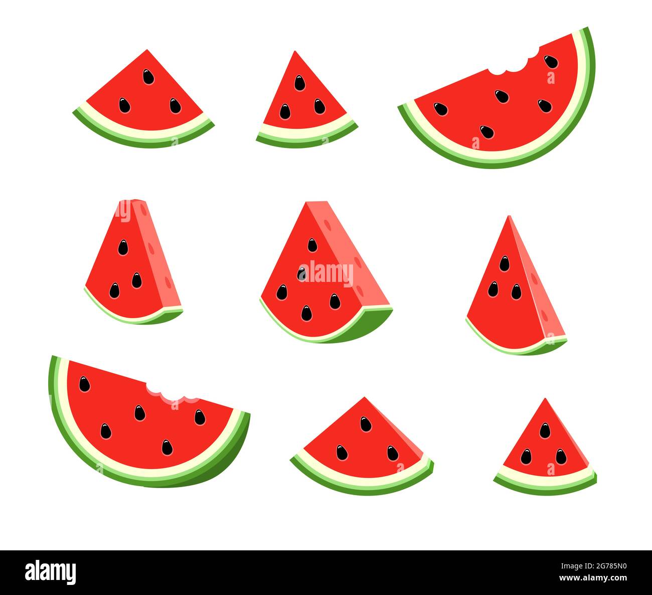 Setzen Sie flache Illustration Wassermelone Scheibe. Halbe Wassermelone mit Samen. Stock Vektor
