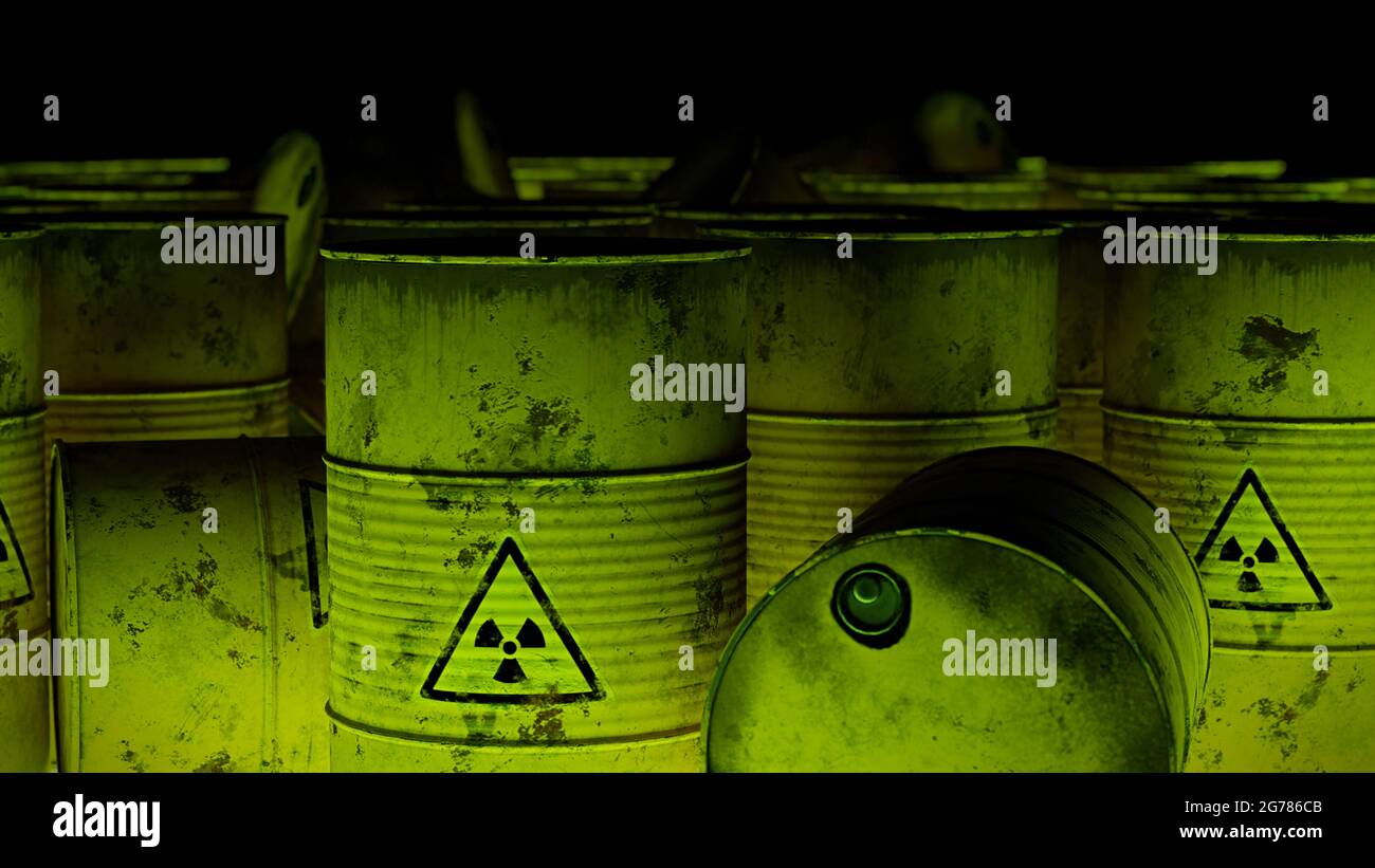 Radioaktiver Abfall in rostigen Fässern, 3d-Hintergrunddarstellung Stockfoto